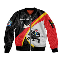 Unisex black zip bomber jacket with red and white diagonal flag panel, crest graphic