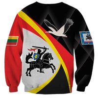 Unisex black sweatshirt with flag-style side panels, bird and horse rider crest