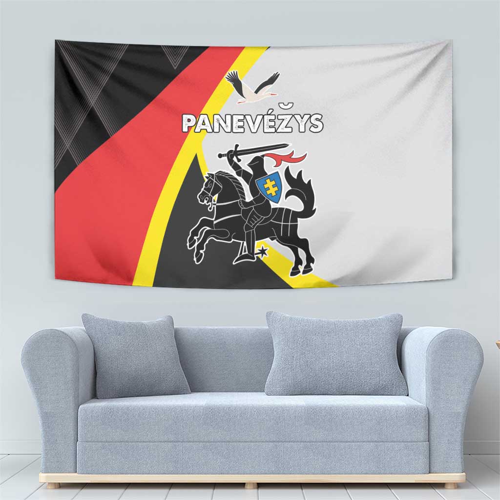 Panevezys County tapestry with black, red, yellow, and white heraldic rider design