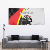 Panevezys County tapestry with black, red, yellow, and white crest design