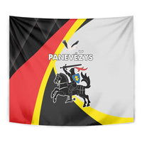 Panevezys County tapestry with coat of arms and black, red, yellow graphic