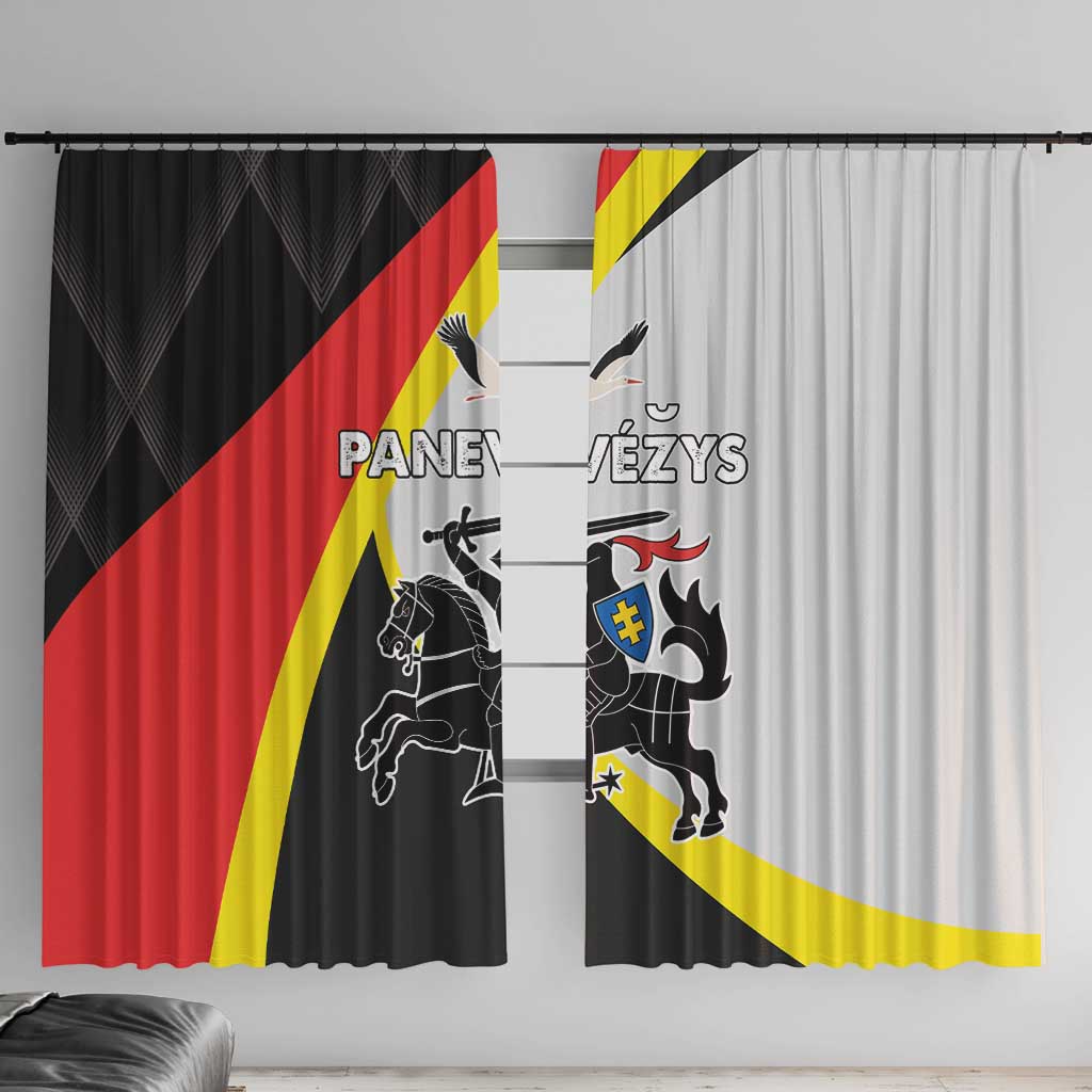 Black and light gray window curtain panels with crest and red-yellow diagonal stripes