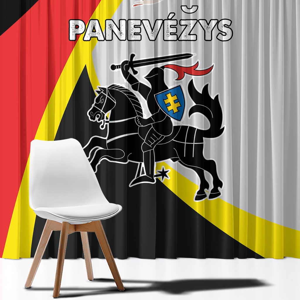 Black and light gray window curtain panels with large crest graphic and diagonal stripes