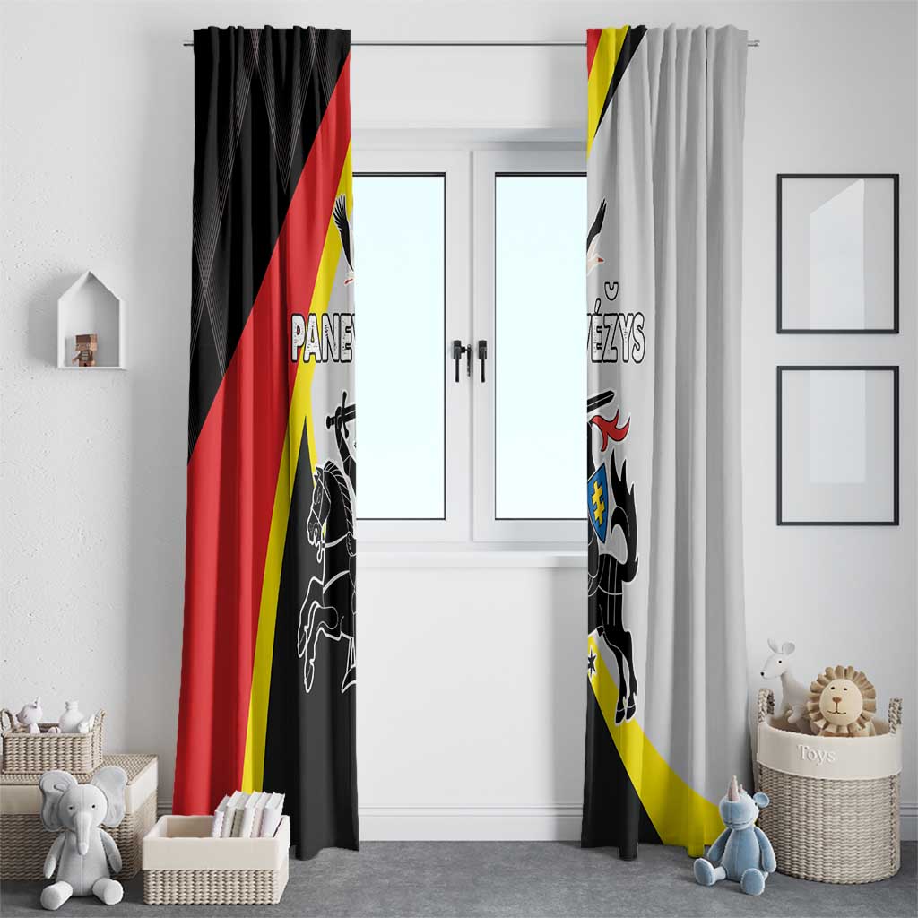 Black and light gray window curtain panels hanging on a doorway with crest and stripe design