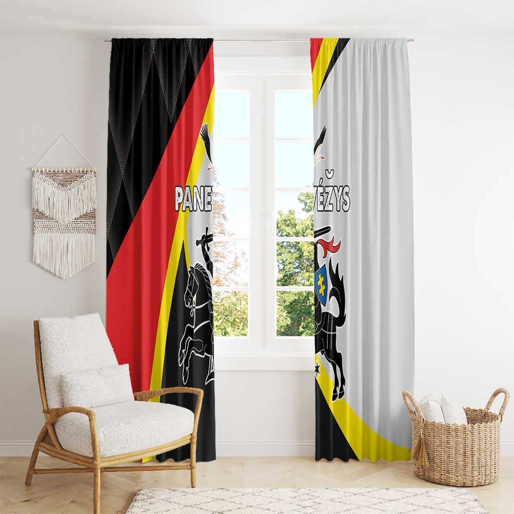 Black and light gray window curtain panels with crest and red-yellow diagonal accents