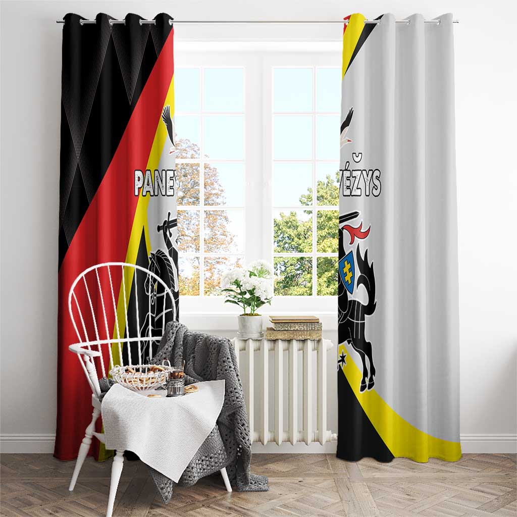 Black and light gray window curtain panels on a rod with crest graphic and diagonal stripes