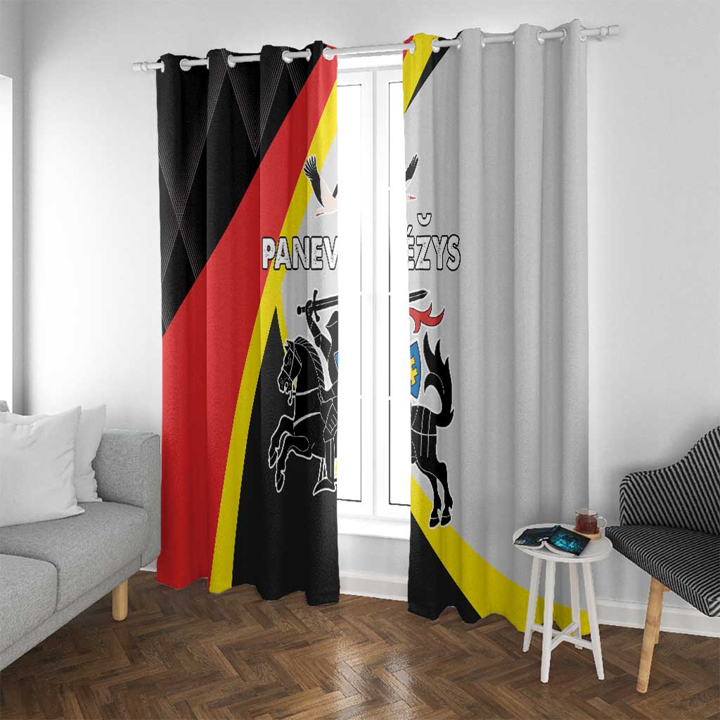 Black and light gray window curtain panels with crest design and red-yellow diagonal stripes