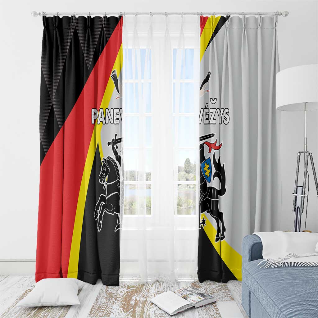 Black and light gray window curtain panels with crest graphic and red-yellow diagonal stripes