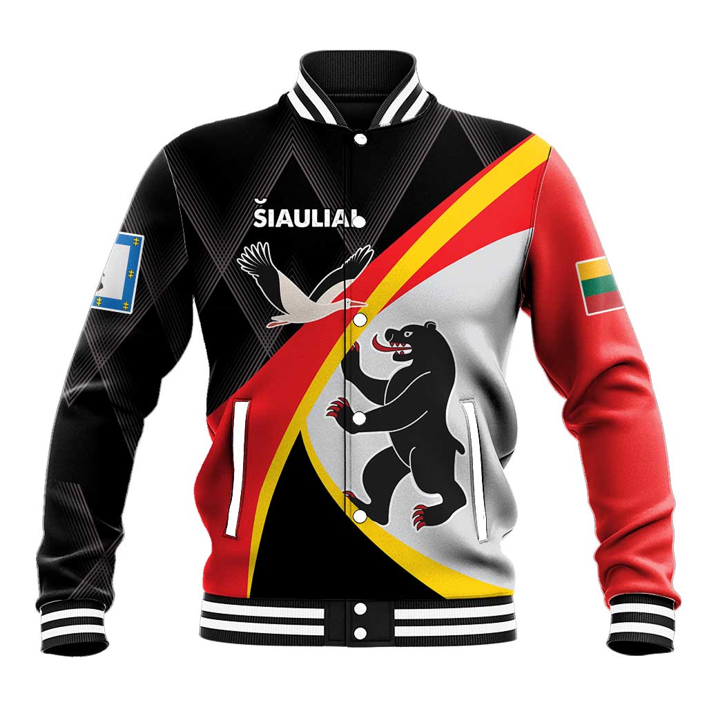 Black unisex baseball jacket with red-yellow diagonal stripe, panda graphic, snap buttons.