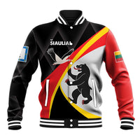Black unisex baseball jacket with red-yellow diagonal stripe, panda graphic, snap buttons.
