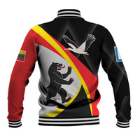 Black unisex baseball jacket back with red-yellow diagonal stripe, bird graphic, ribbed cuffs.