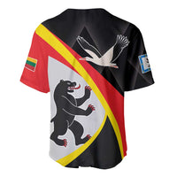 Black baseball jersey with red-yellow diagonal stripe and large back bear graphic