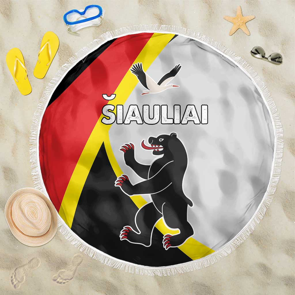 Round beach blanket with fringe edge, red-yellow-black lion mascot graphic