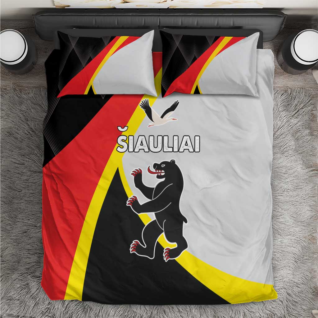 Black, red, yellow and white duvet cover and pillowcases with cartoon bear and text