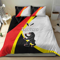 Duvet cover set with black, red, yellow and white geometric flag print and cartoon bear