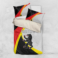 Duvet cover set folded: black, red, yellow and white with SIAULIAI bear graphic