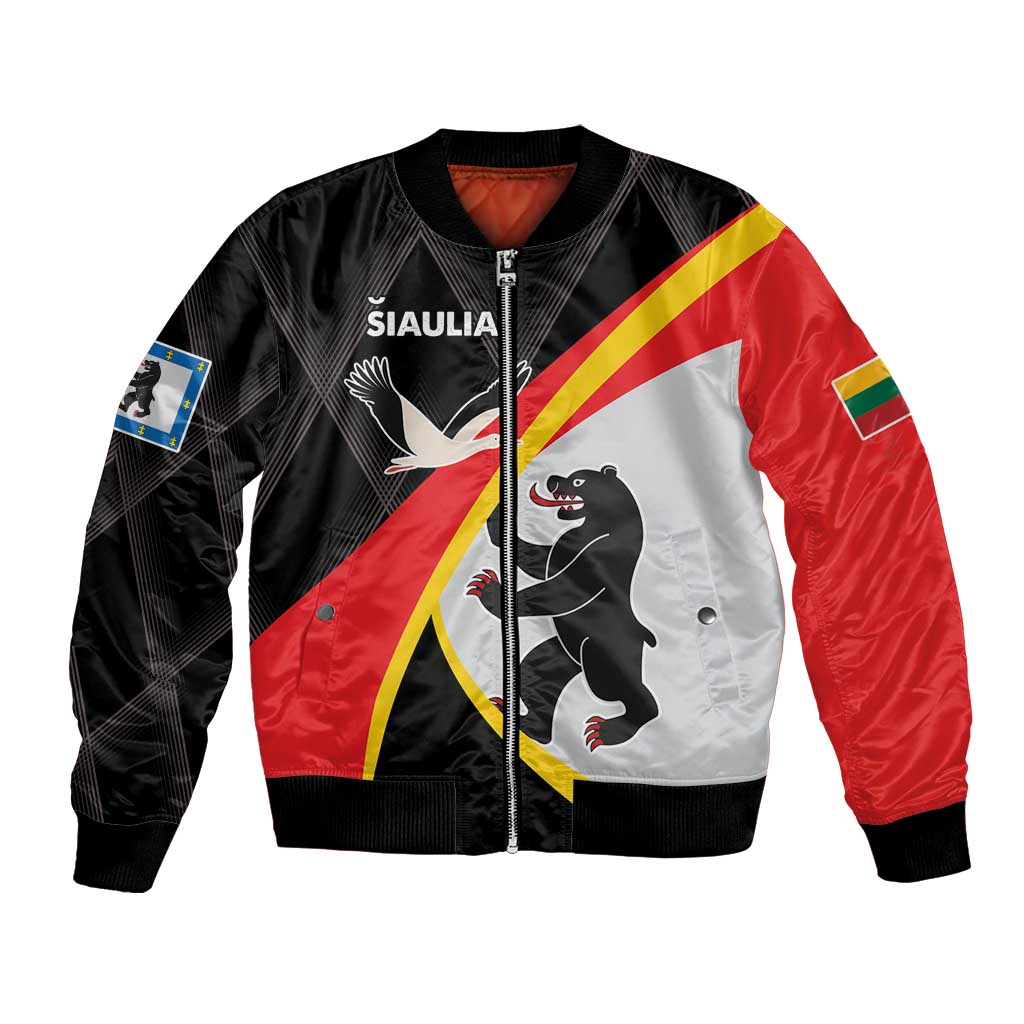 Unisex black bomber jacket with red, white, yellow panels, zip front, elastic cuffs