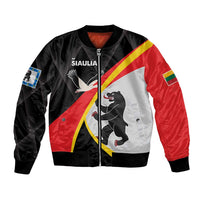 Unisex black bomber jacket with red, white, yellow panels, zip front, elastic cuffs