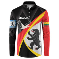 Black button sweatshirt with diagonal red and yellow stripe, white dove and black bear graphic