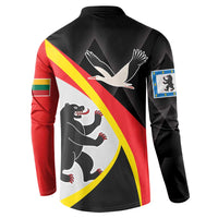 Black button sweatshirt back with large dove print and diagonal red/yellow stripe, arm panel details