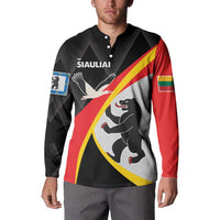 Black button sweatshirt worn on chest: dove and bear design, diagonal red/yellow stripe, red sleeve