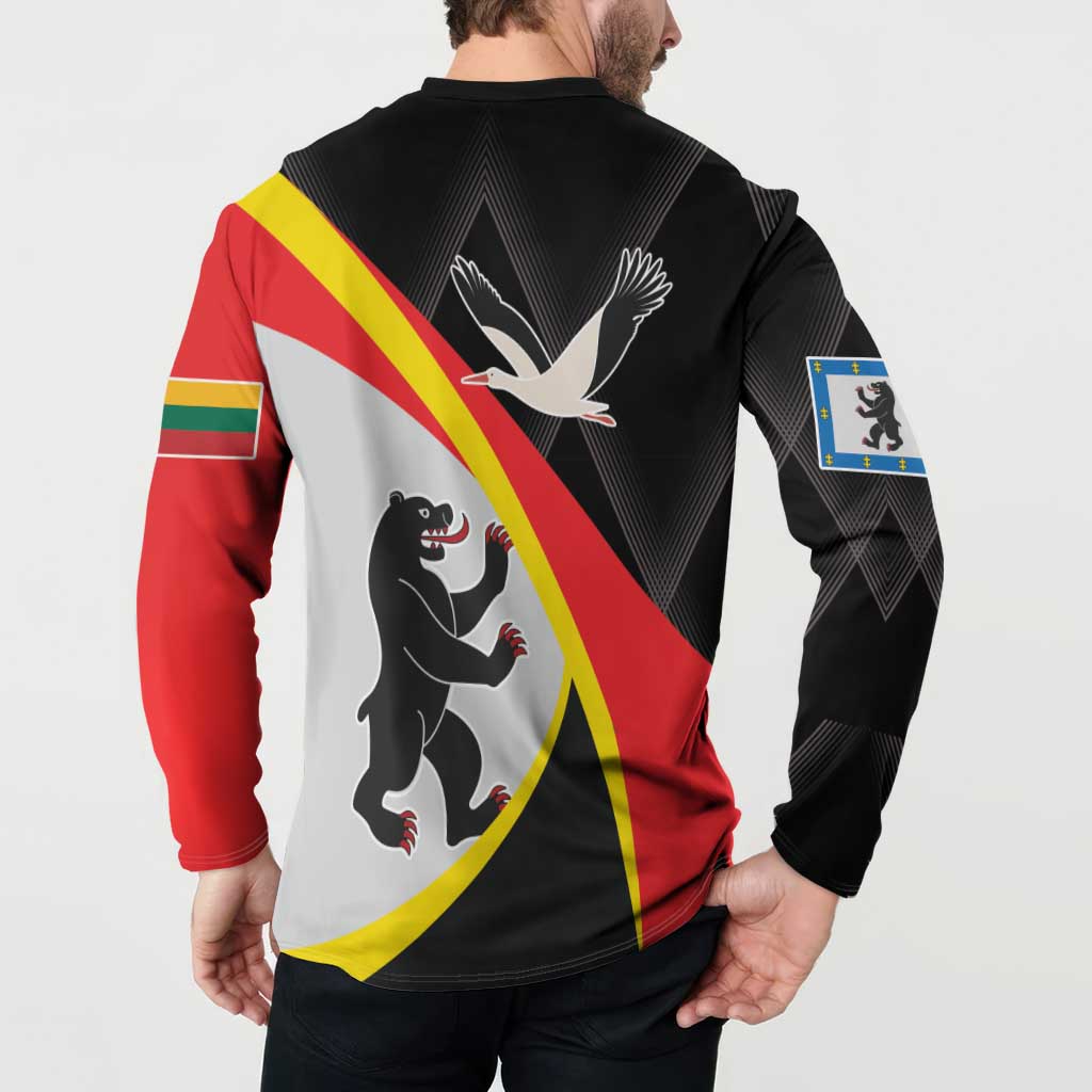 Black button sweatshirt back view with dove over red/yellow diagonal stripe, sleeve patch detail