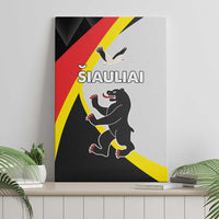 Canvas wall art with lion and stork illustration and bold red, yellow, and black diagonal stripes