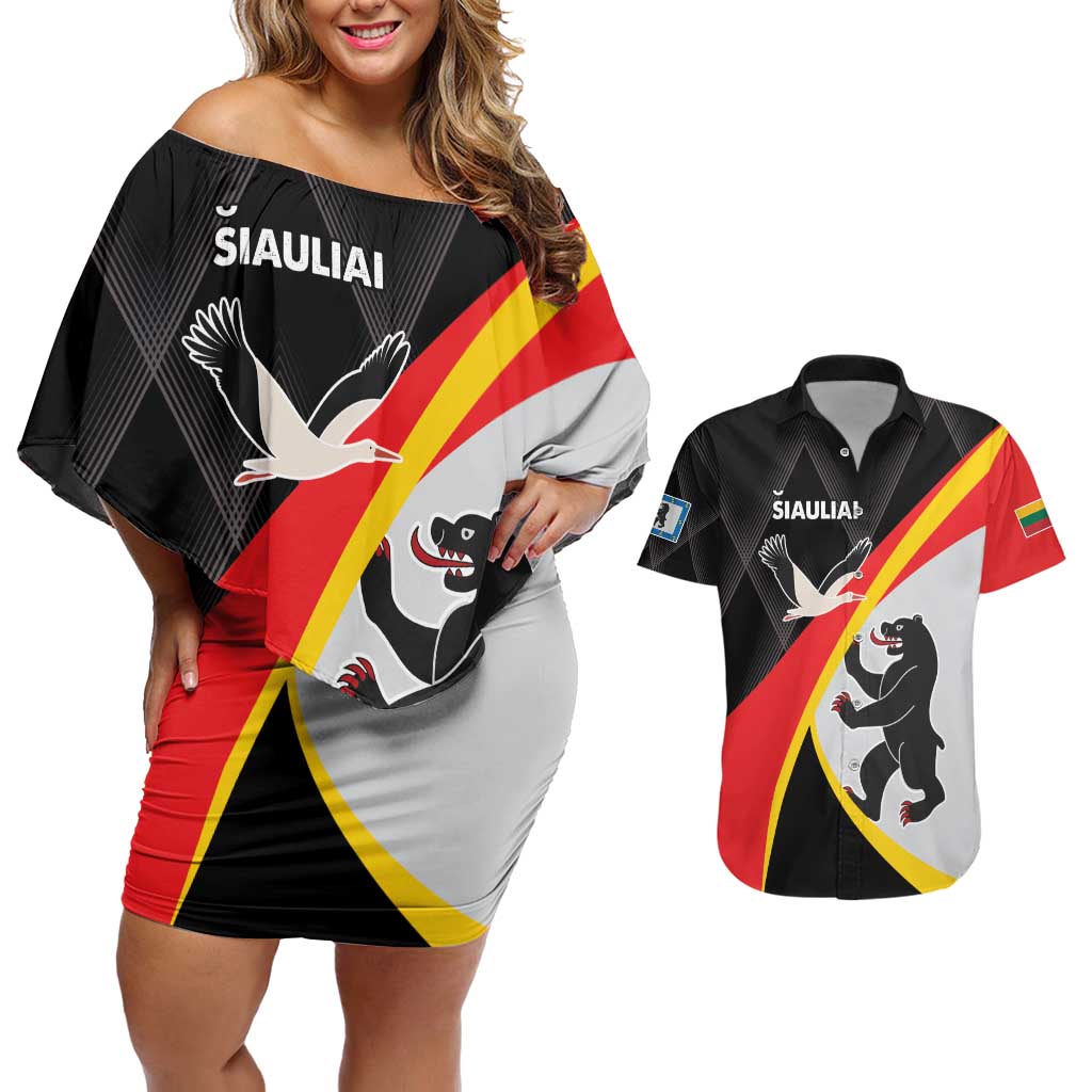 Lithuania Siauliai County Couples Matching Off Shoulder Short Dress and Hawaiian Shirt Siauliu Apskritis