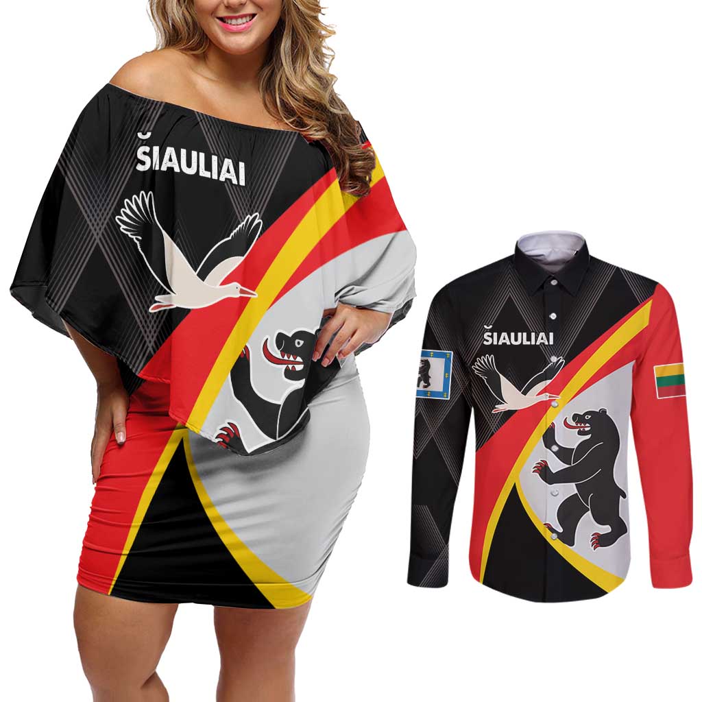 Lithuania Siauliai County Couples Matching Off Shoulder Short Dress and Long Sleeve Button Shirt Siauliu Apskritis