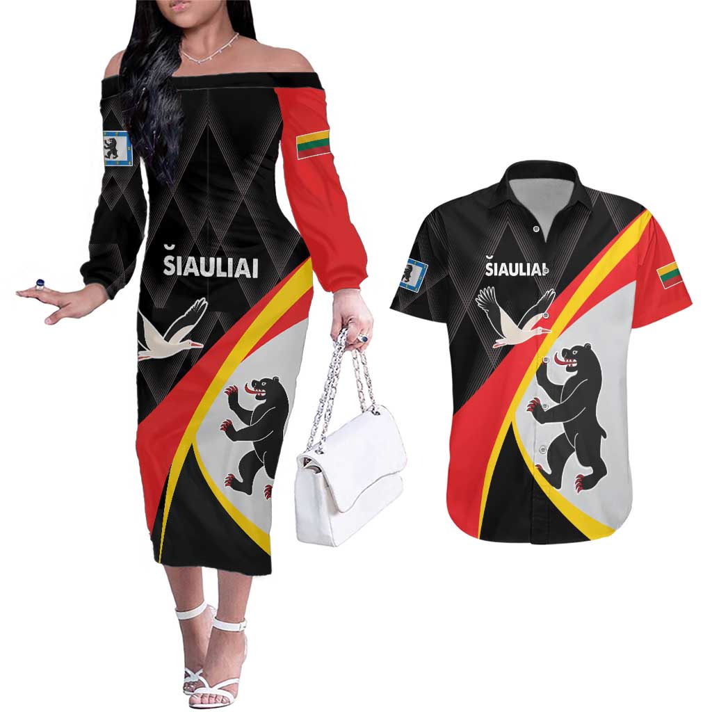 Lithuania Siauliai County Couples Matching Off The Shoulder Long Sleeve Dress and Hawaiian Shirt Siauliu Apskritis