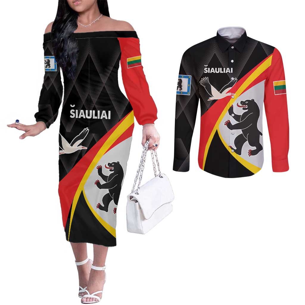 Lithuania Siauliai County Couples Matching Off The Shoulder Long Sleeve Dress and Long Sleeve Button Shirt Siauliu Apskritis