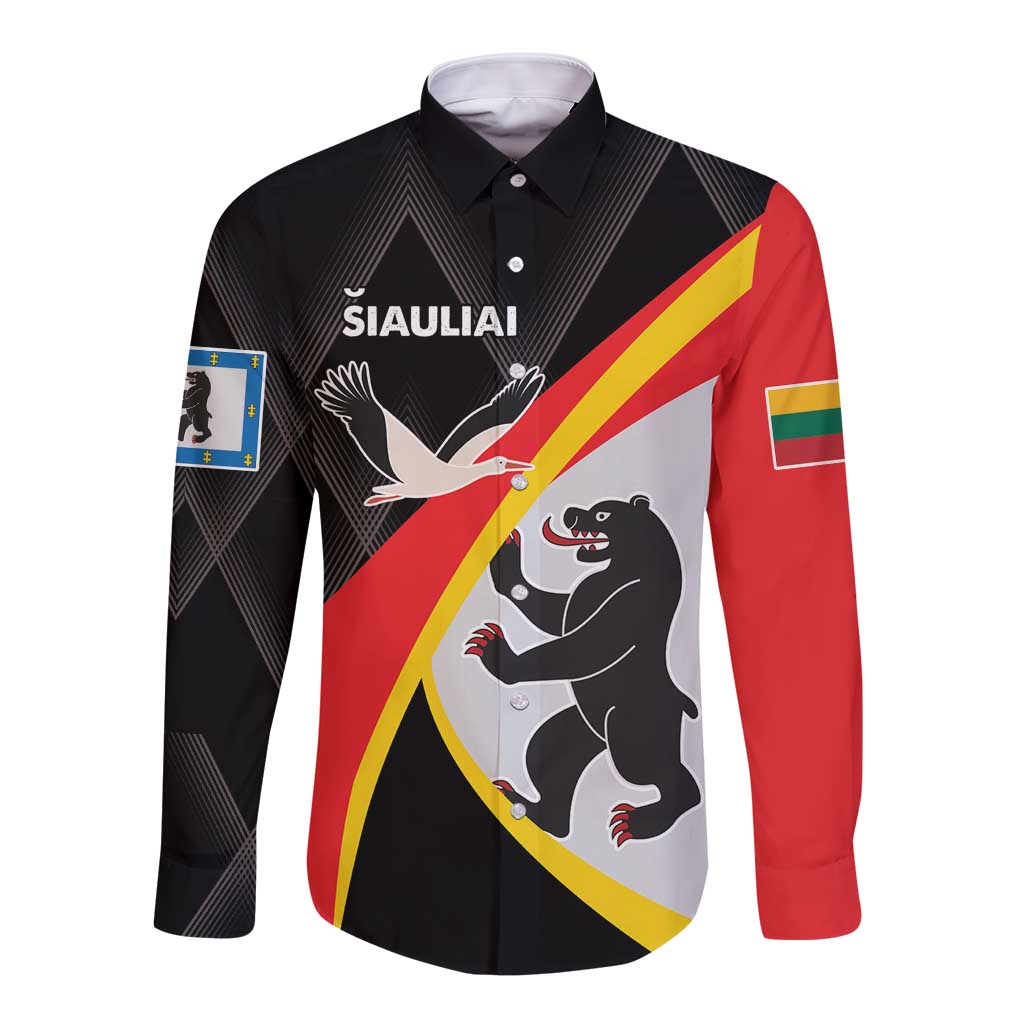Black long sleeve button shirt with large colorful emblem and crest on front