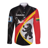 Black long sleeve button shirt with large colorful emblem and crest on front