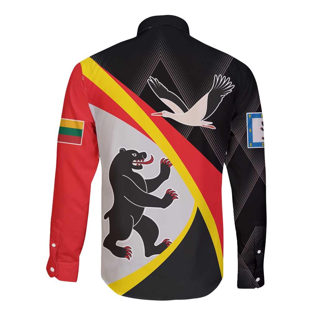 Black long sleeve button shirt with back graphic, birds and red-yellow diagonal stripe