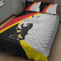 Quilt bed set with Siauliai animal graphic on quilt, red-yellow-black diagonal flag stripes
