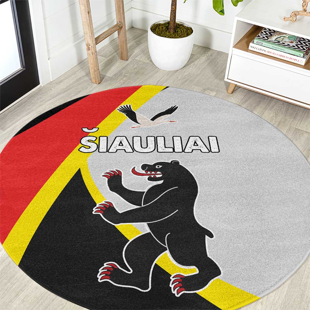 Round rug with SIAULIAI text, wolf and bird graphic, red yellow black design
