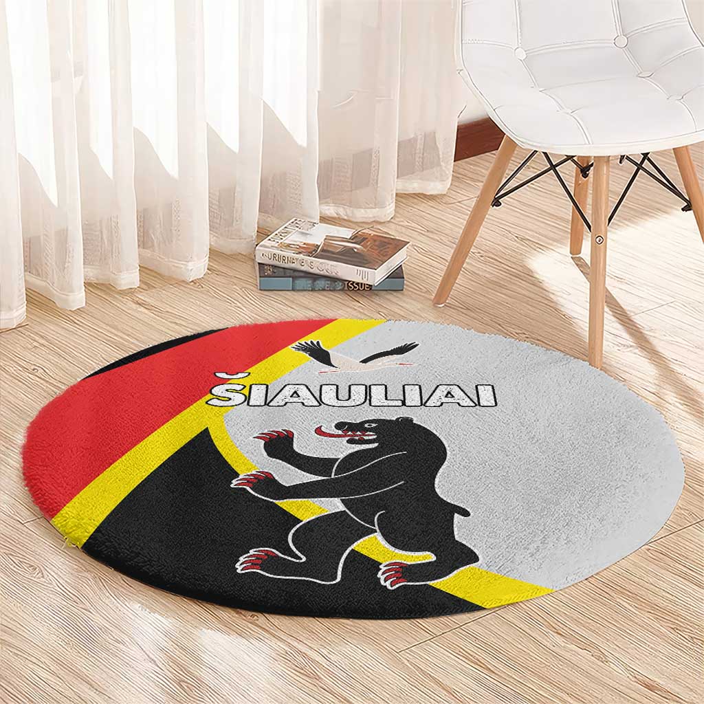 Round rug with SIAULIAI wolf and bird graphic, red yellow black flag-style