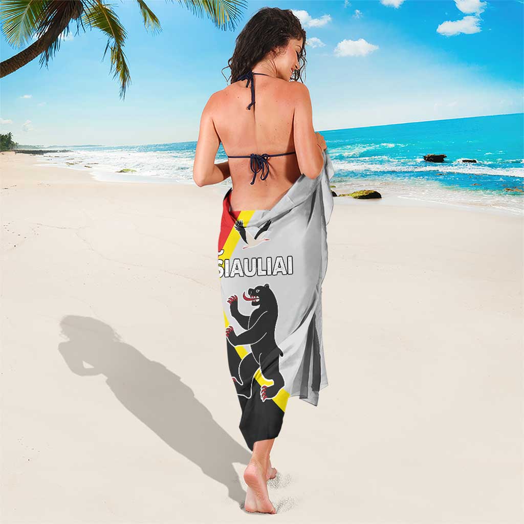 Gray sarong with crest emblem and text panel, draped around the waist