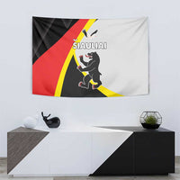 Siauliai wall tapestry with lion emblem and diagonal black, red, yellow stripes
