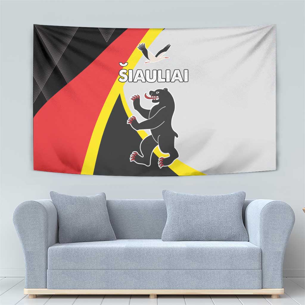 Siauliai lion wall tapestry with diagonal black, red, yellow trim and white field