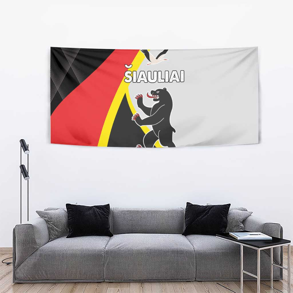 Siauliai flag tapestry with lion mascot on black-red-yellow diagonal bands