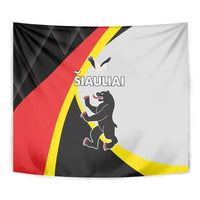 Siauliai wall tapestry close-up with lion emblem and black-red-yellow diagonal design