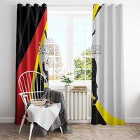 Pair of pole-hanging curtains with red-yellow flag print and cat graphic on both panels