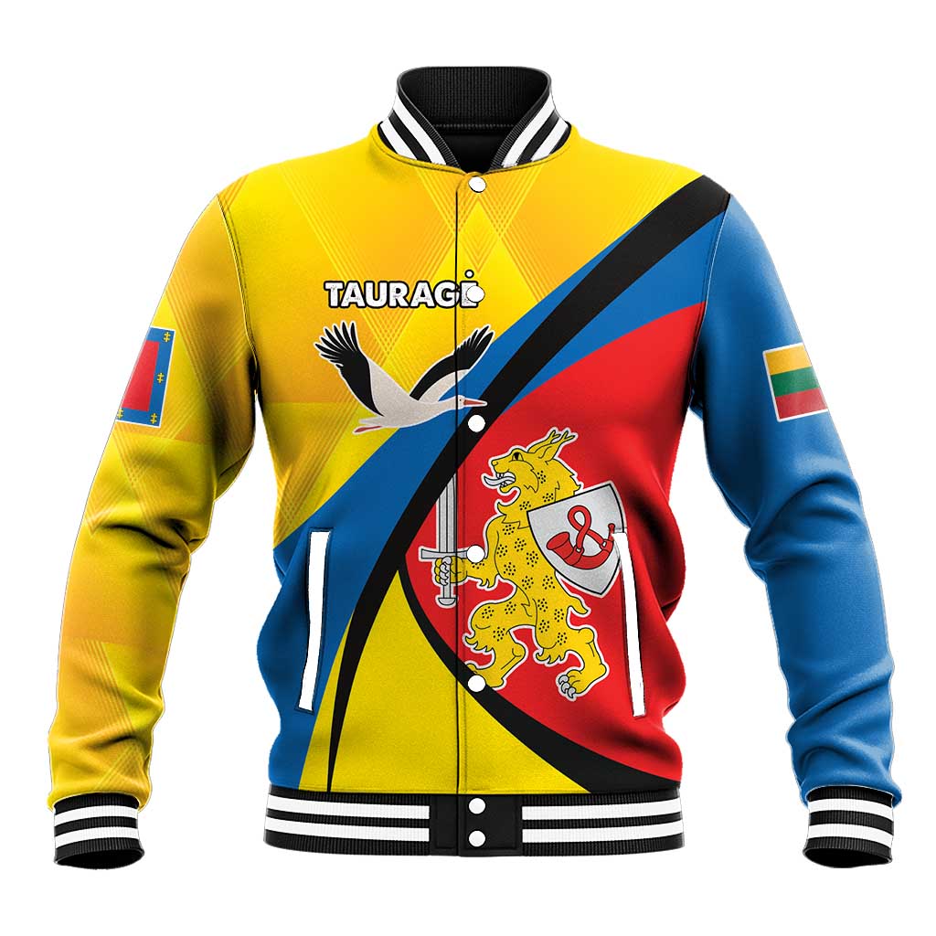 Yellow baseball jacket with multicolor crest graphic, snap front, striped collar and cuffs