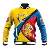 Yellow baseball jacket with multicolor crest graphic, snap front, striped collar and cuffs