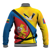 Back of yellow baseball jacket with bird emblem, diagonal stripe graphic, striped collar