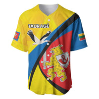 Yellow baseball jersey with black and blue diagonal stripes and crest graphic