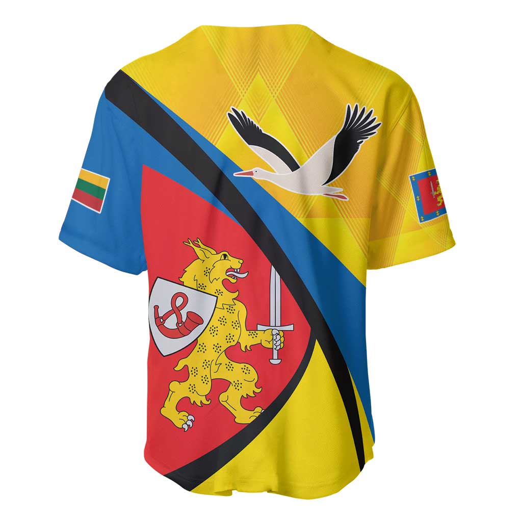 Yellow baseball jersey back with black, blue, and red diagonal stripe design