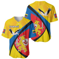 Yellow baseball jersey with Taurage text, bird emblem, and crest
