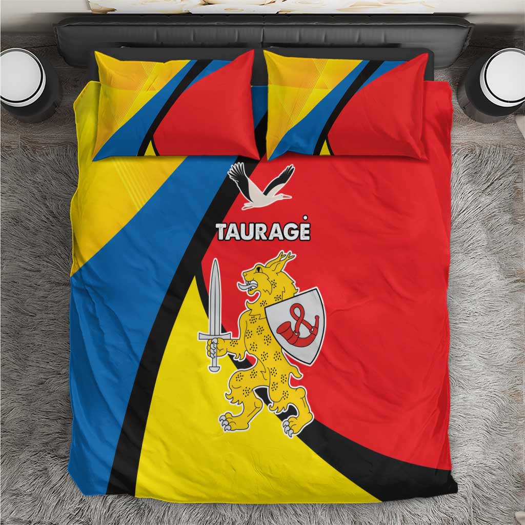 Yellow, red, and blue bedding set with “TAURAGE” crest and sword flag print